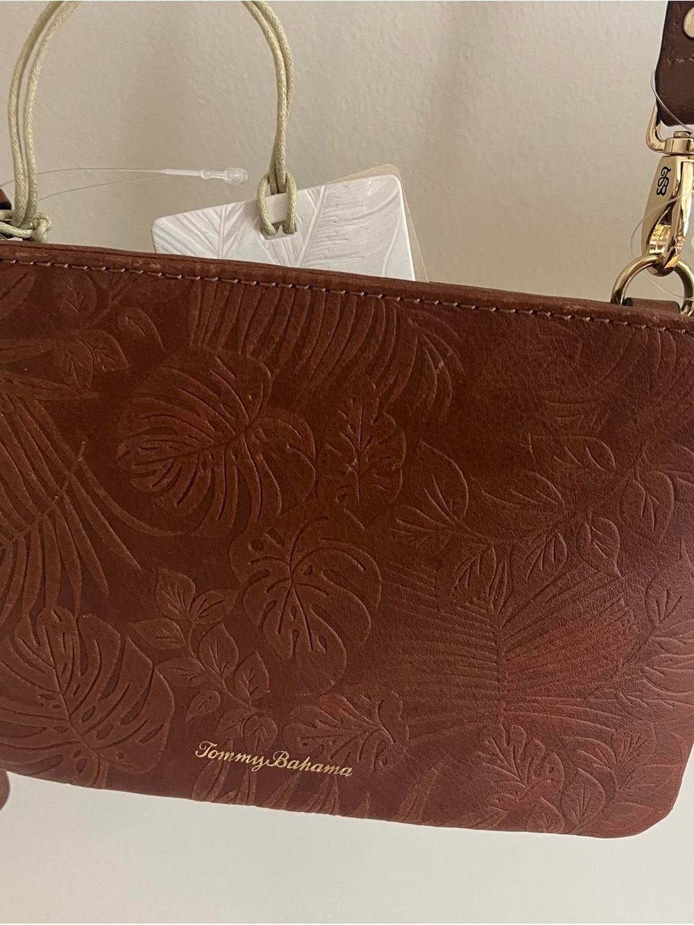 Tommy Bahama Chestnut Brown Embossed Tropical Leather Crossbody